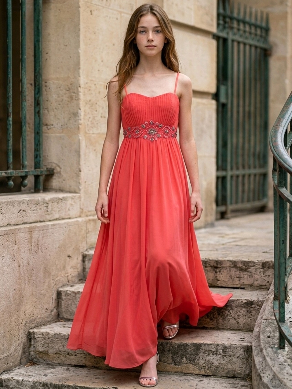 Coral Spaghetti-Strap Evening Gown with Embellished Waist